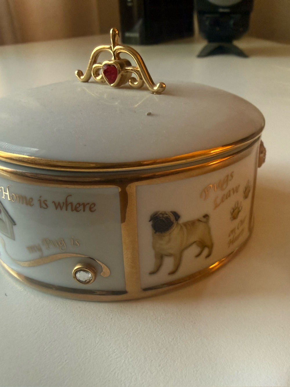 Gold and White Pug Jewelry music Box - Decorative Pet Keepsake